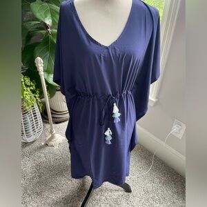 Women's Navy Blue Swim Coverup with Tassel Drawstring